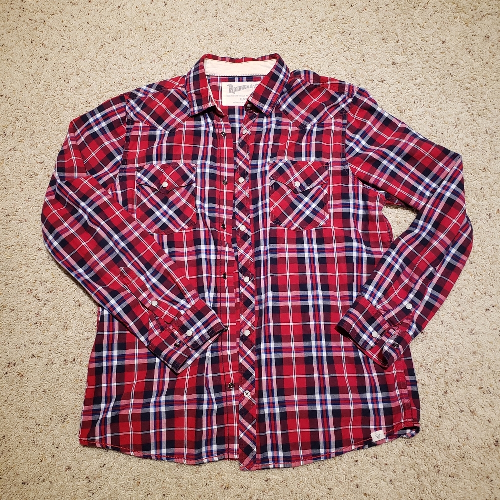 Western Plaid Pearl Snap Button Shirt Large